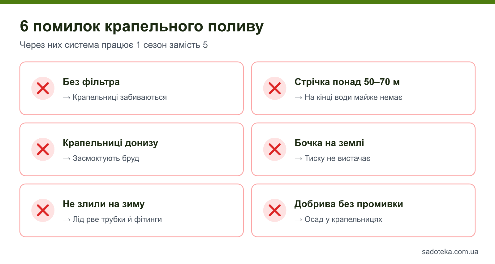 6 помилок крапельного поливу: без фільтра, надто довгі лінії, крапельниці донизу, бочка на землі, не злили воду на зиму, добрива без промивки