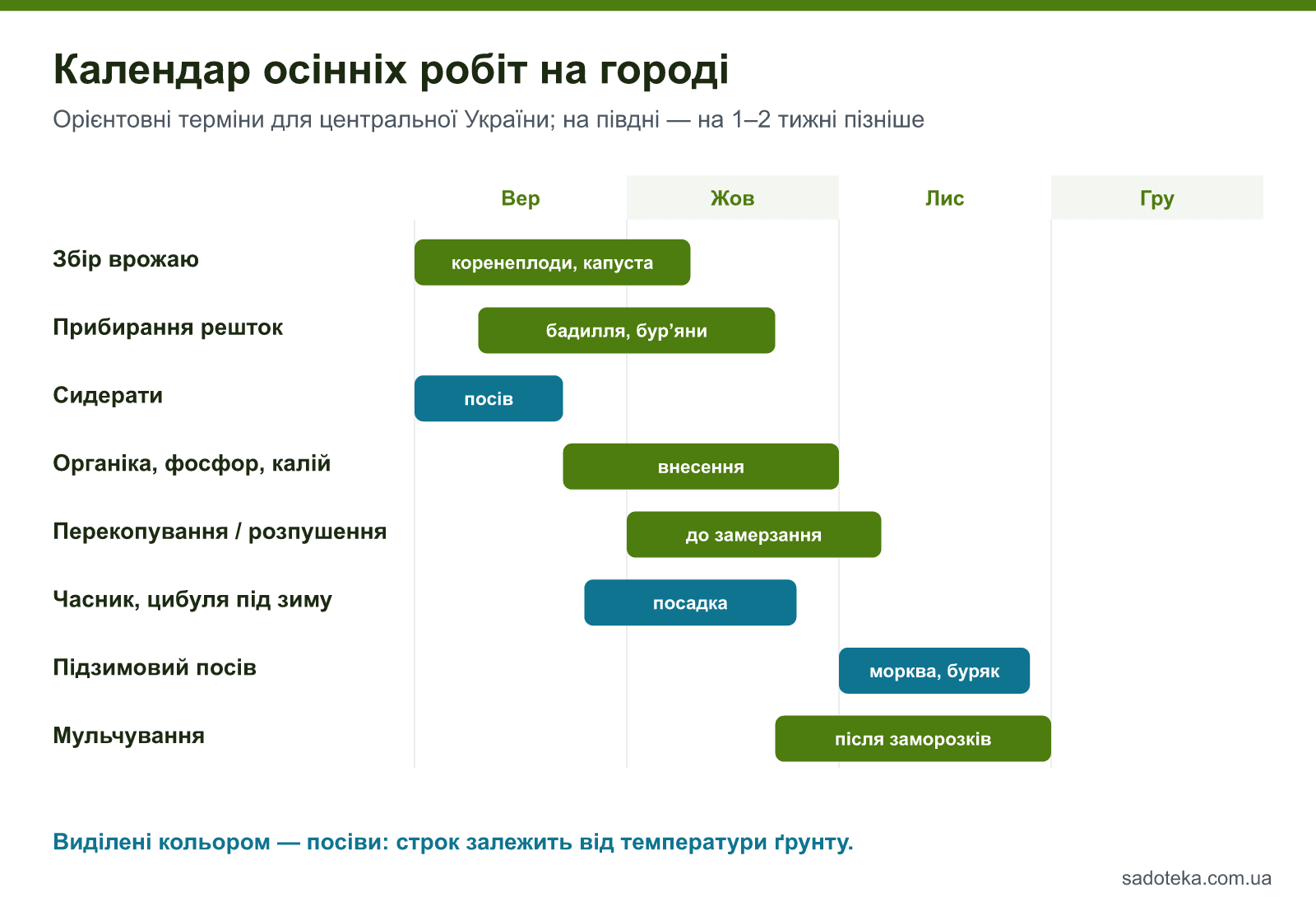 Календар осінніх робіт на городі: збір врожаю, сидерати, добрива, перекопування, посадка часнику та мульчування з вересня по грудень