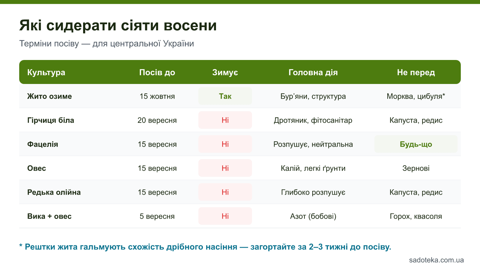 Таблиця сидератів для осіннього посіву: жито, гірчиця біла, фацелія, овес, редька олійна, вика з вівсом — терміни, зимостійкість і обмеження